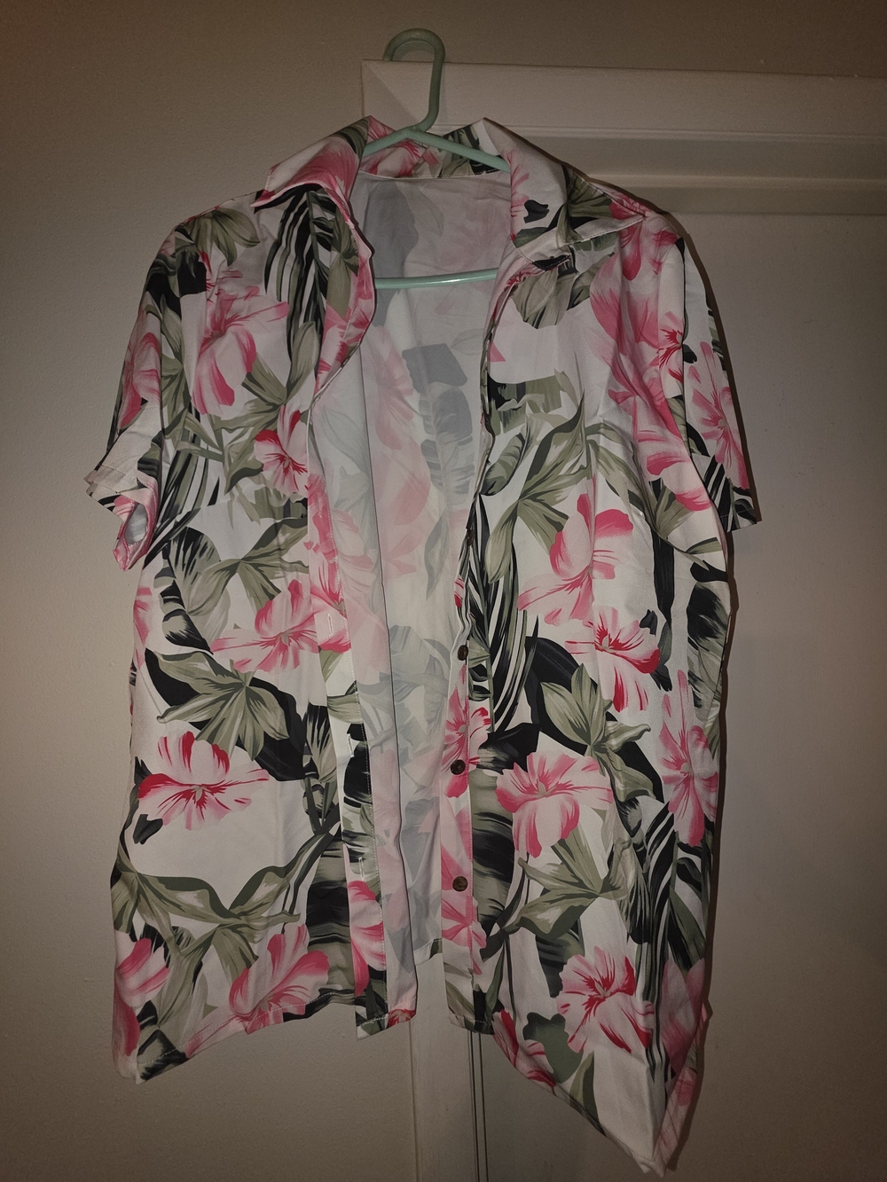 Hawaiian Floral Button-Front Shirt - Pink/Green